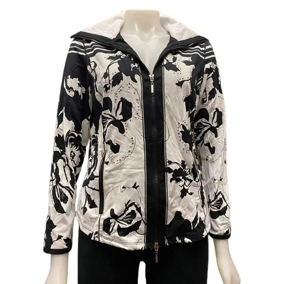 Bylyse Floral Black White Rhinestone Zip Up Jacket Size Medium - Picture 2 of 8